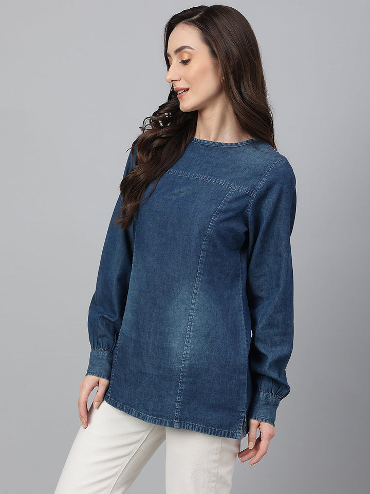 Dark-Blue-Denim-Cuff-Sleeves-Solid-Top