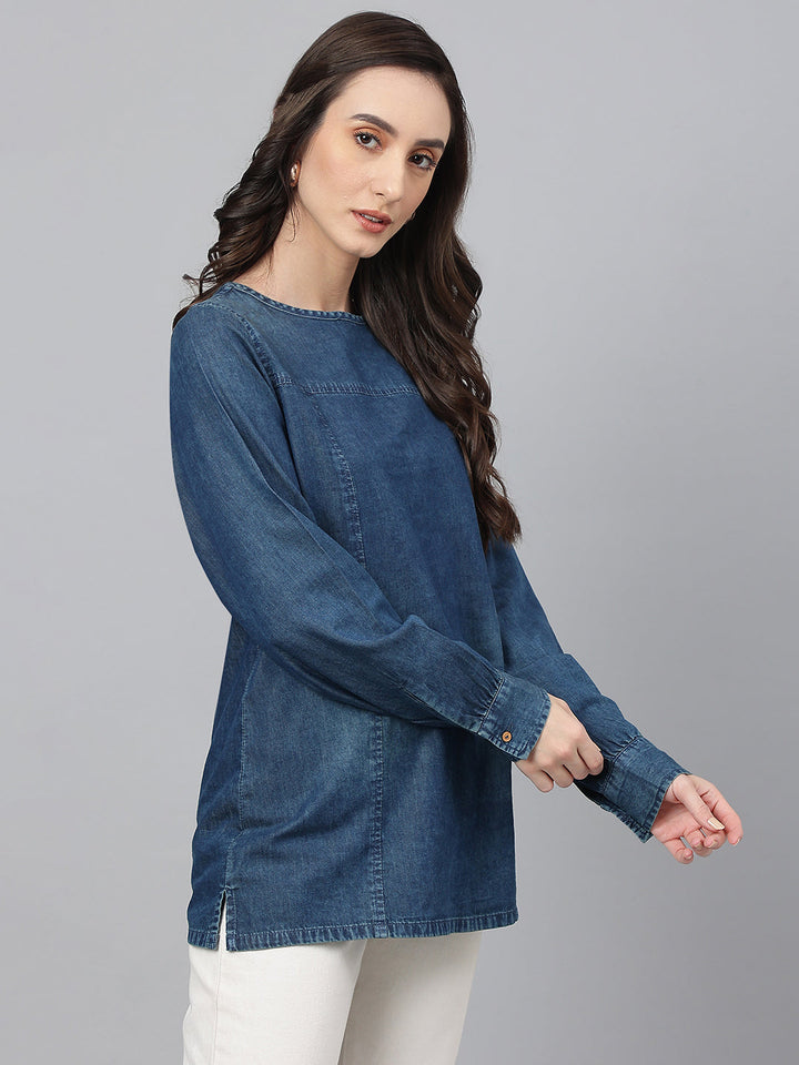 Dark-Blue-Denim-Cuff-Sleeves-Solid-Top