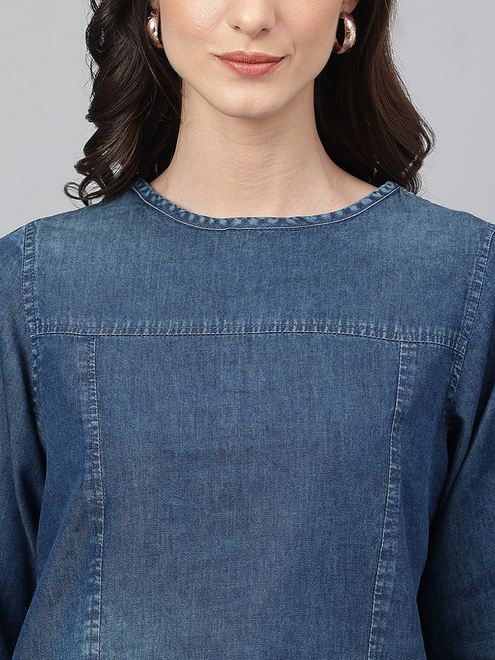 Dark-Blue-Denim-Cuff-Sleeves-Solid-Top