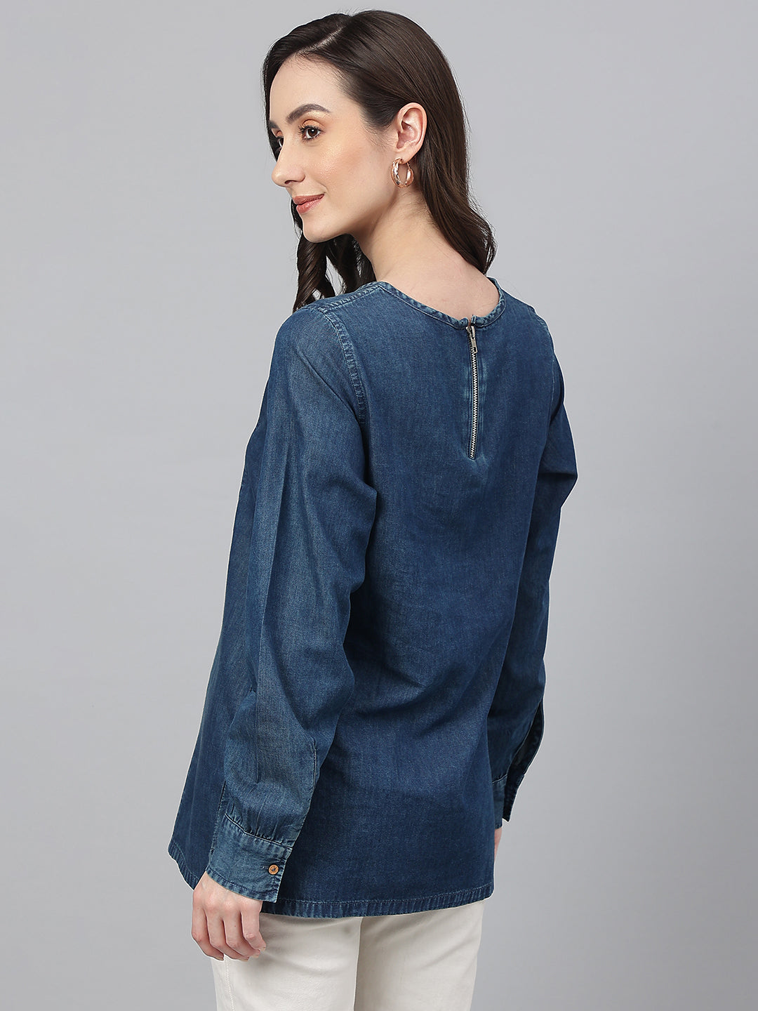 Dark-Blue-Denim-Cuff-Sleeves-Solid-Top