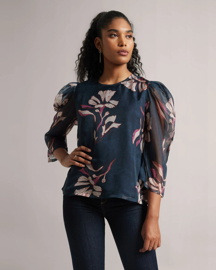 Dark Blue Organza Floral Printed Top Only