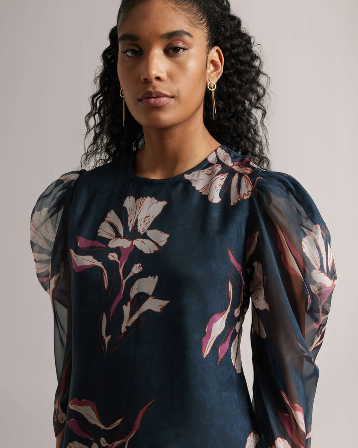 Dark Blue Organza Floral Printed Top Only