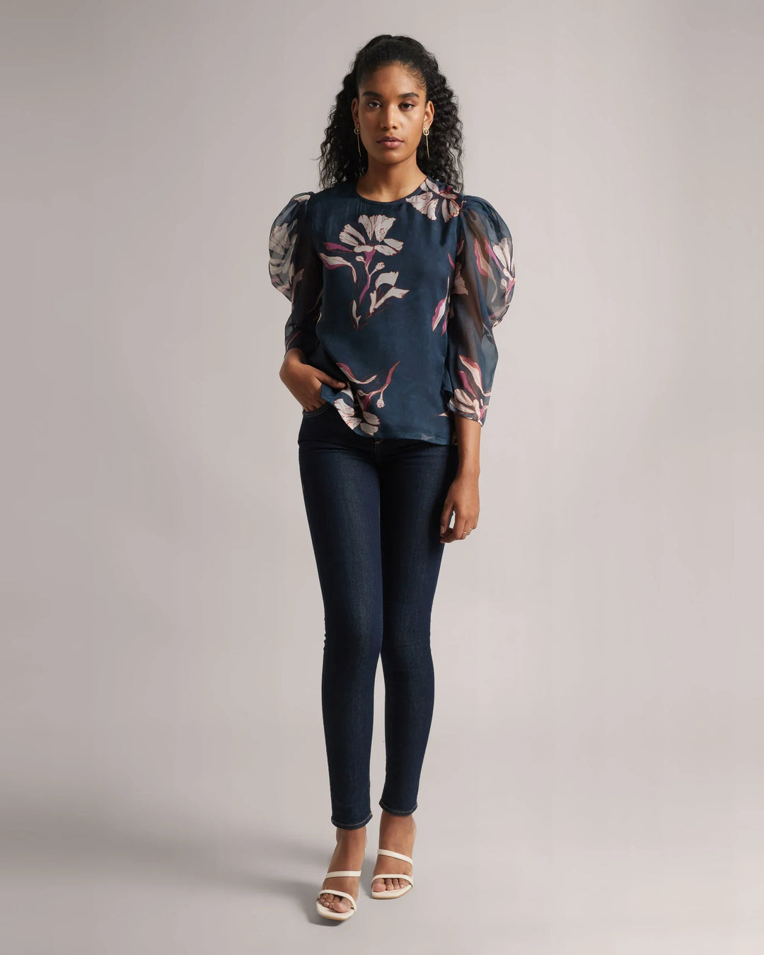 Dark Blue Organza Floral Printed Top Only