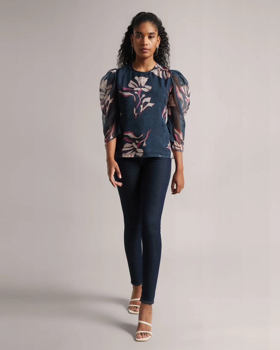 Dark Blue Organza Floral Printed Top Only