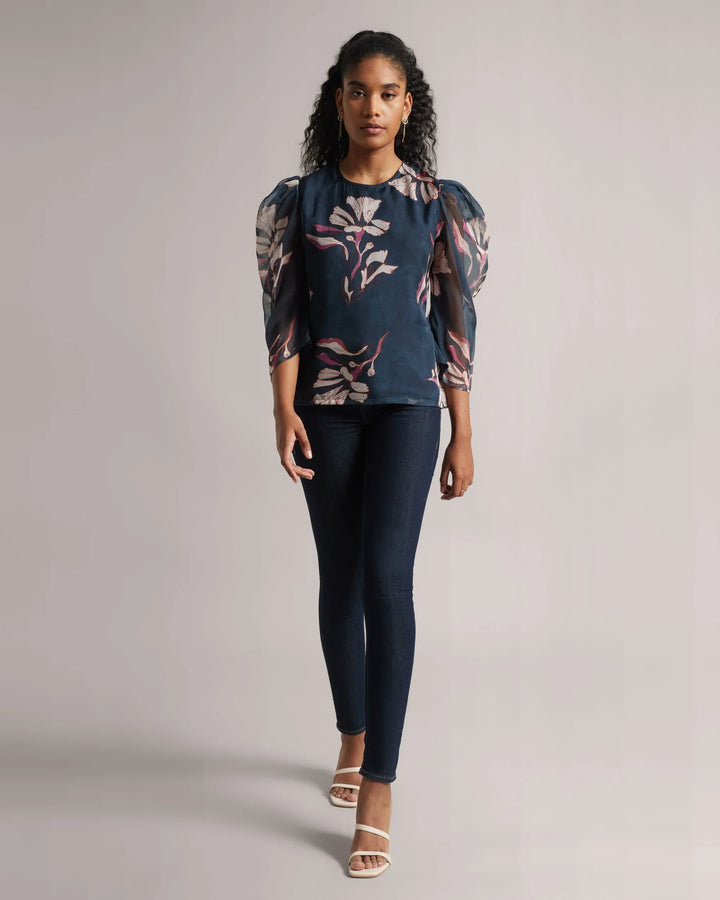 Dark Blue Organza Floral Printed Top Only