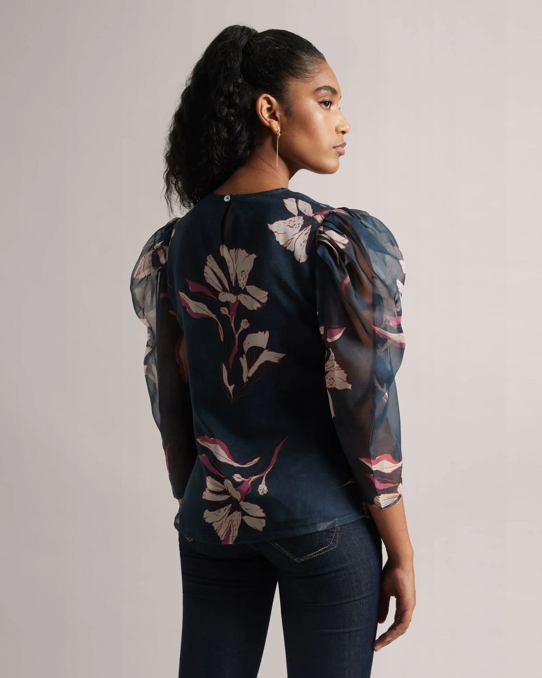 Dark Blue Organza Floral Printed Top Only