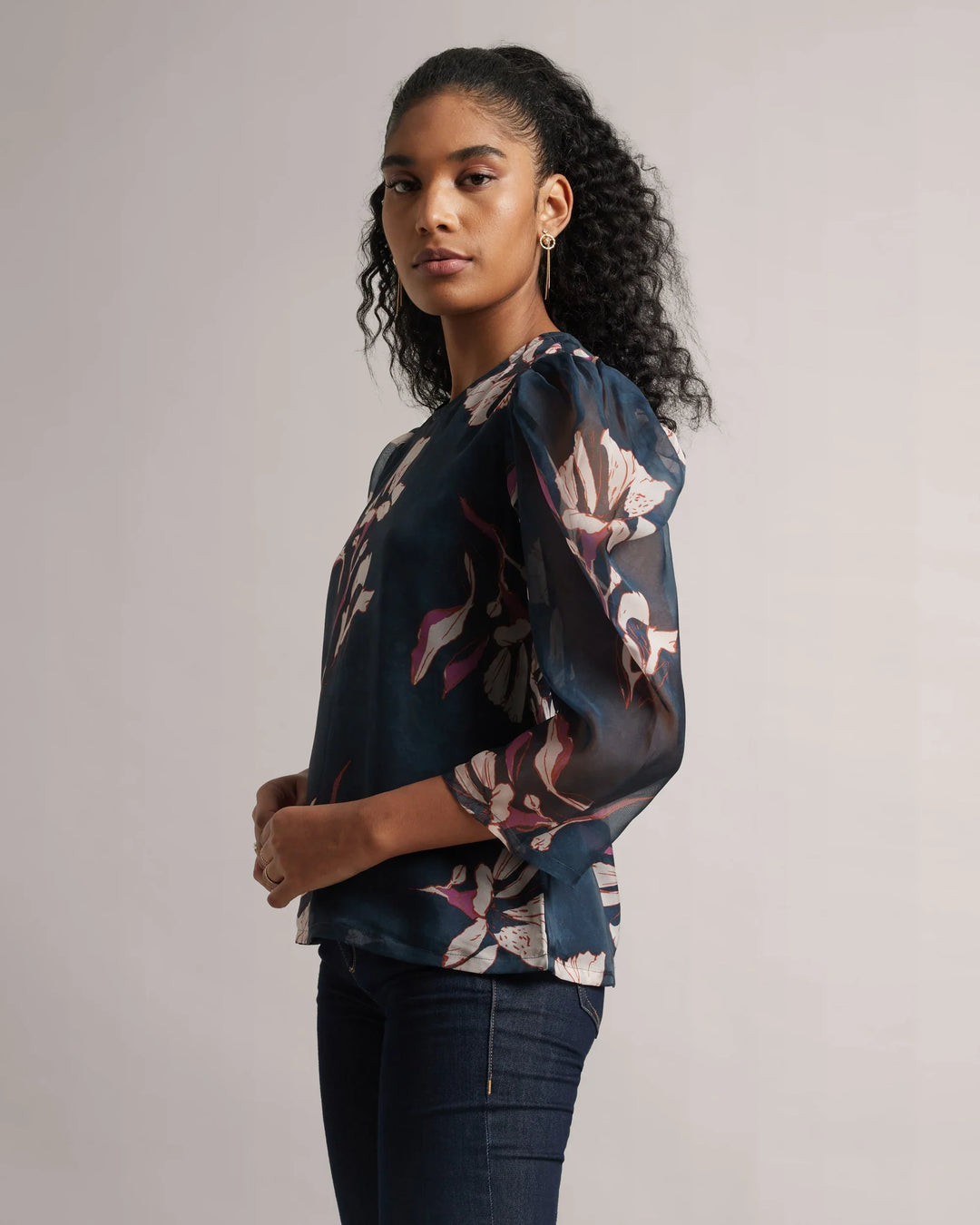 Dark Blue Organza Floral Printed Top Only