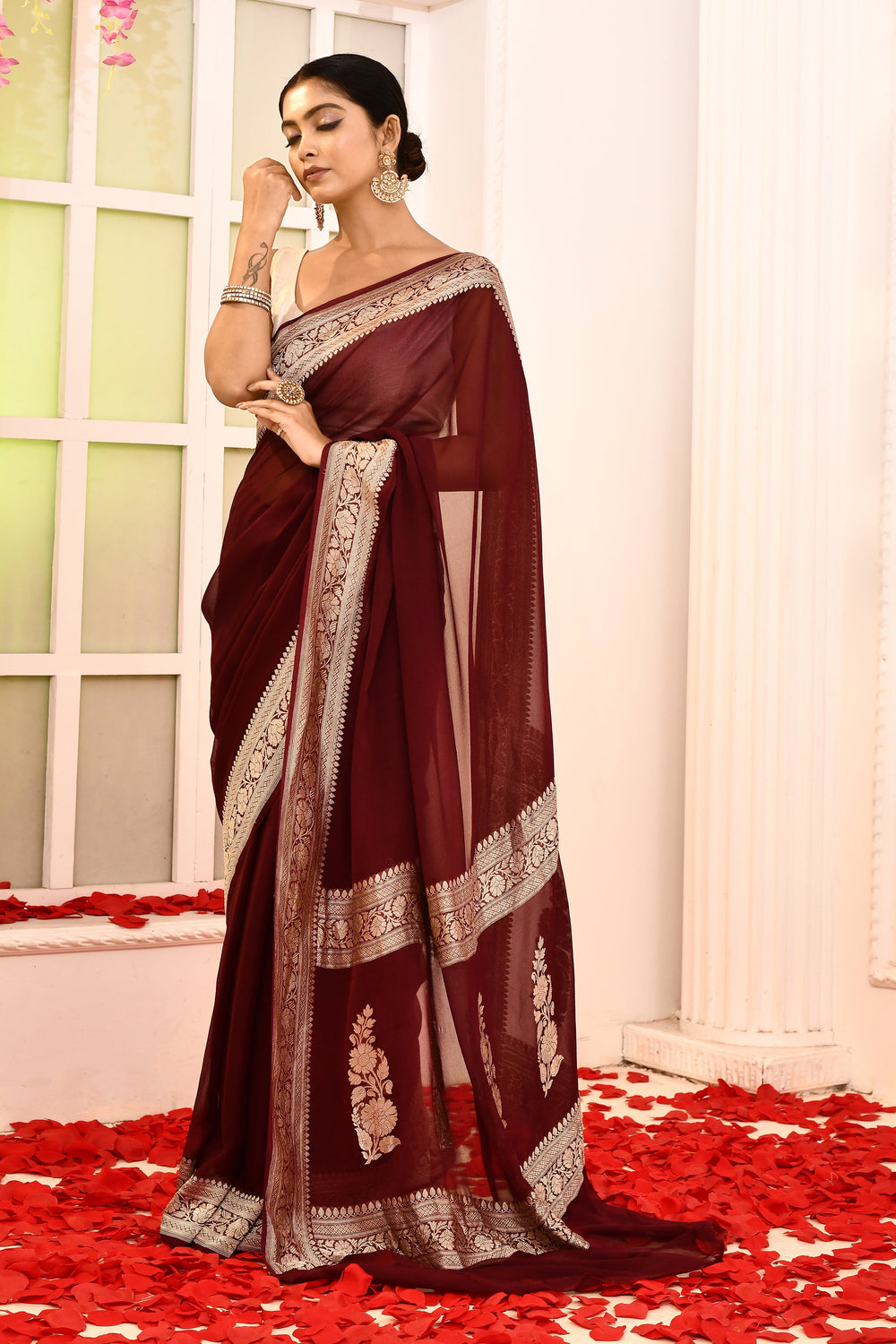 Dark-Coffee-Khaddi-Georgette-Banarasi-Saree-With-Booti-Blouse