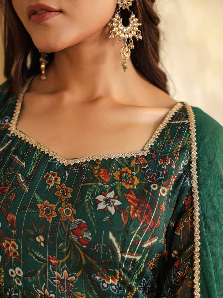 Dark Green Chiffon All-Over Floral Anarkali Set