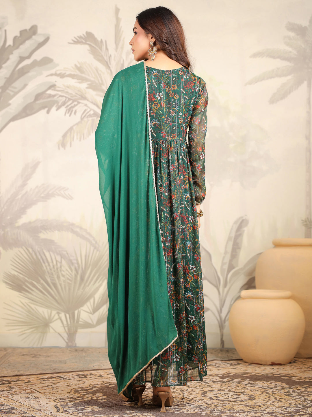 Dark Green Chiffon All-Over Floral Anarkali Set