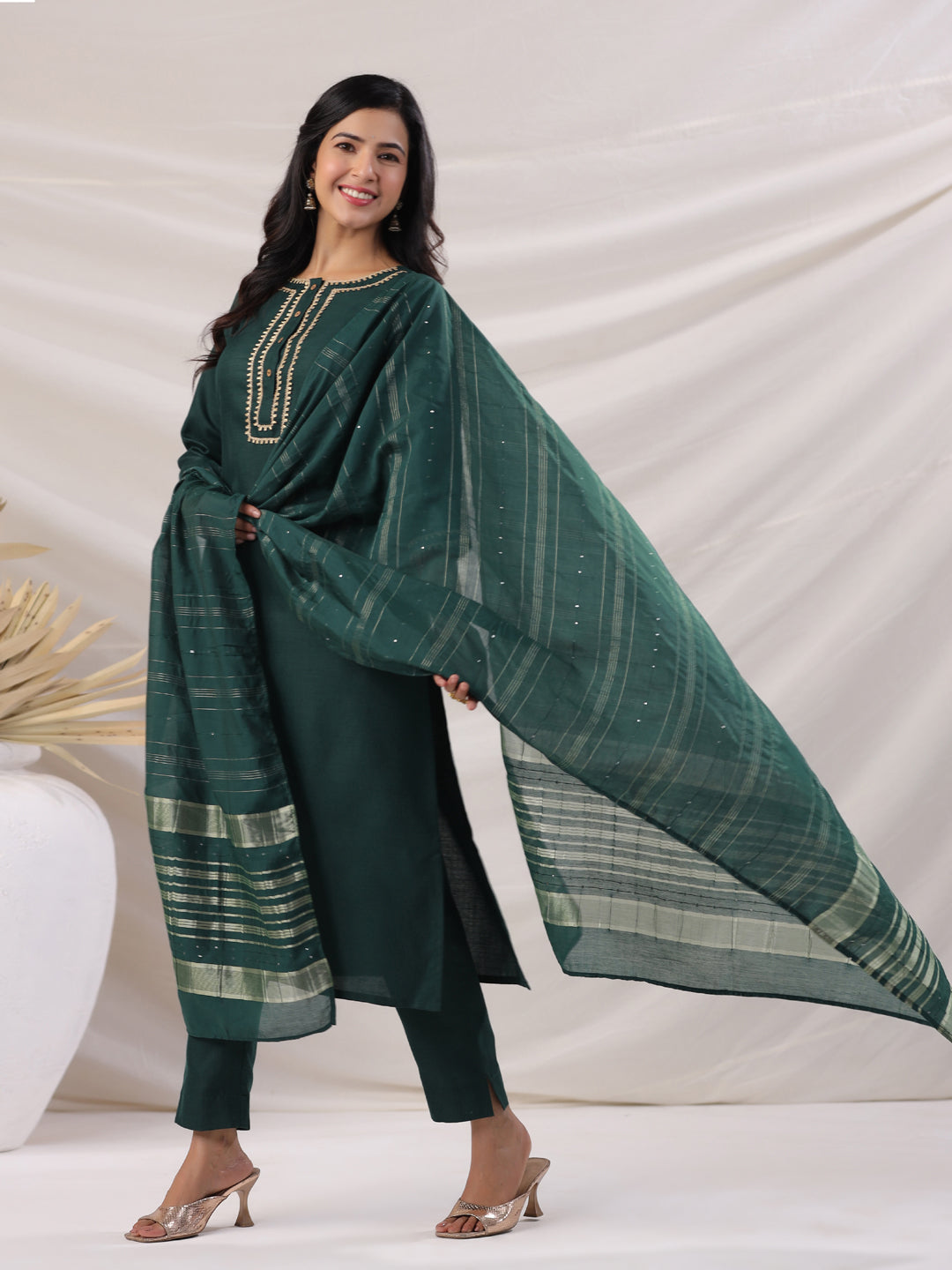 Dark Green Cotton Blend Yoke Design Straight Kurta Set