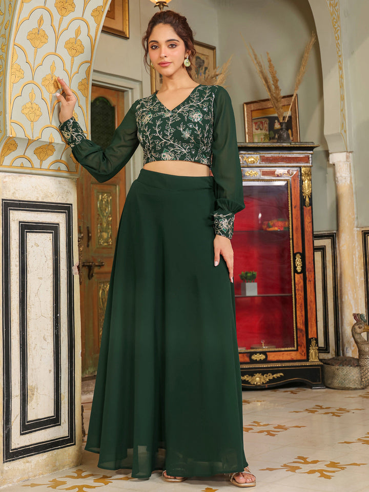 Dark-Green-Georgette-Embroidered-Lehenga-Set