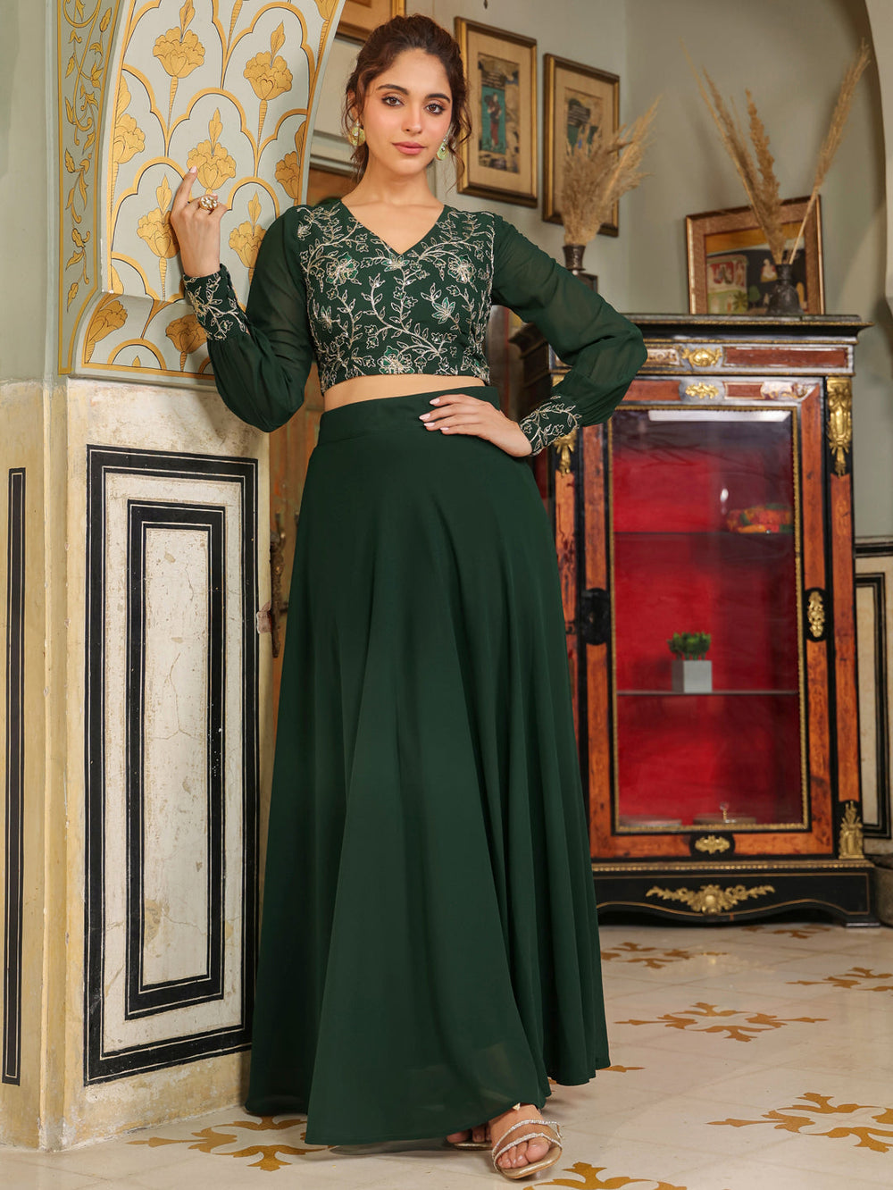 Dark-Green-Georgette-Embroidered-Lehenga-Set