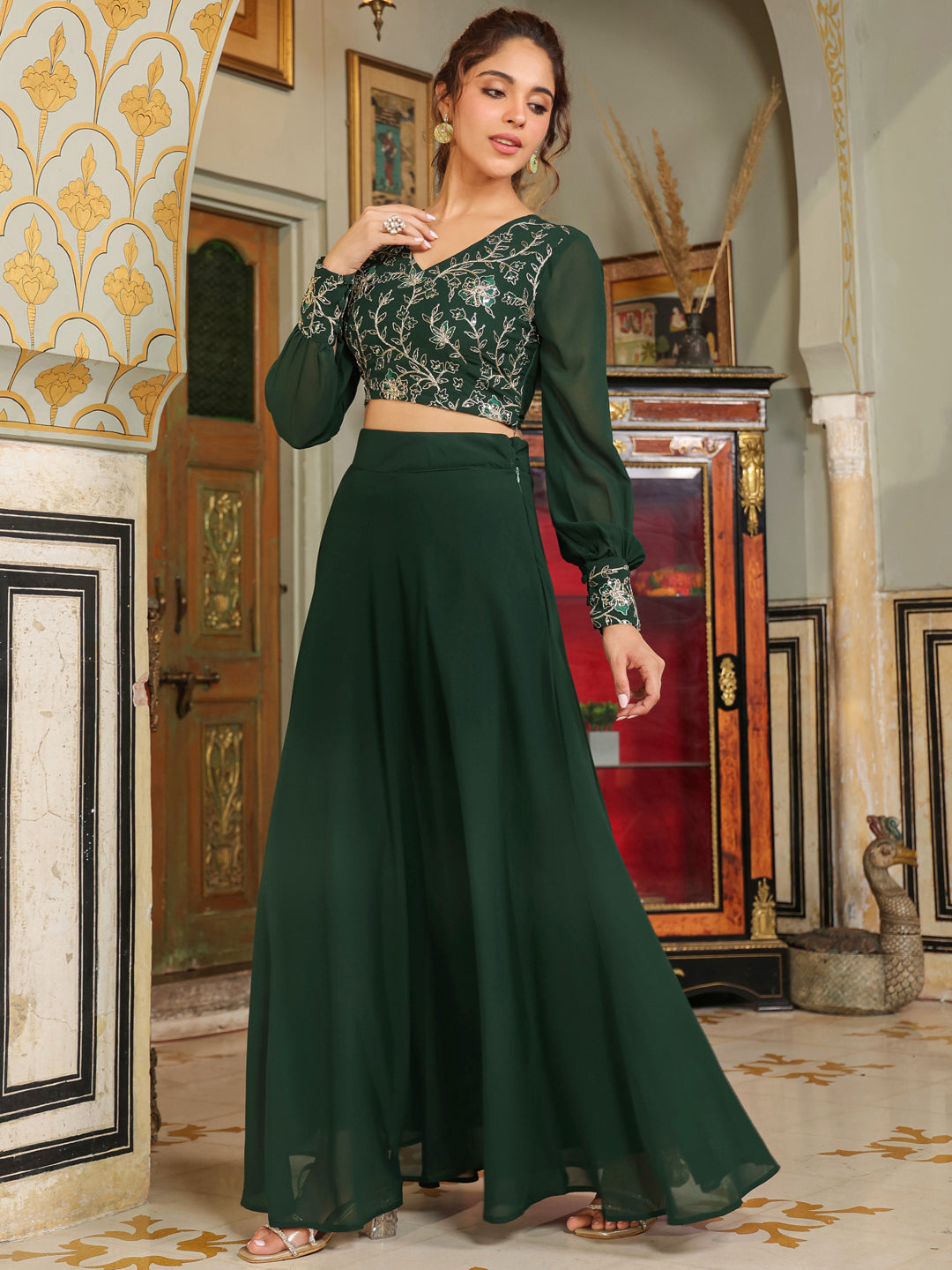 Dark-Green-Georgette-Embroidered-Lehenga-Set