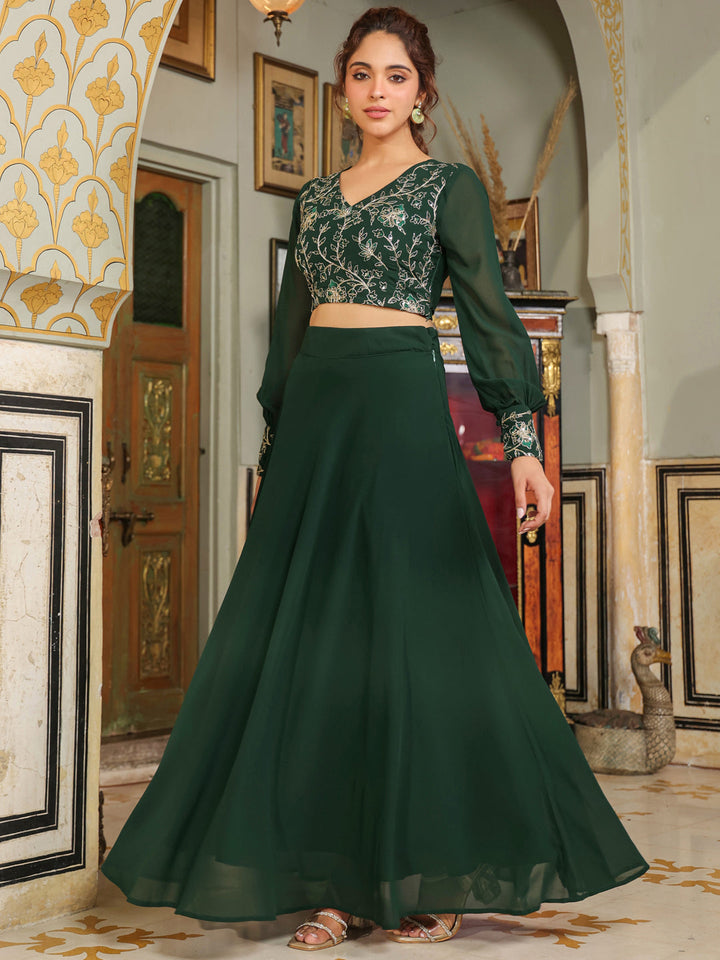 Dark-Green-Georgette-Embroidered-Lehenga-Set