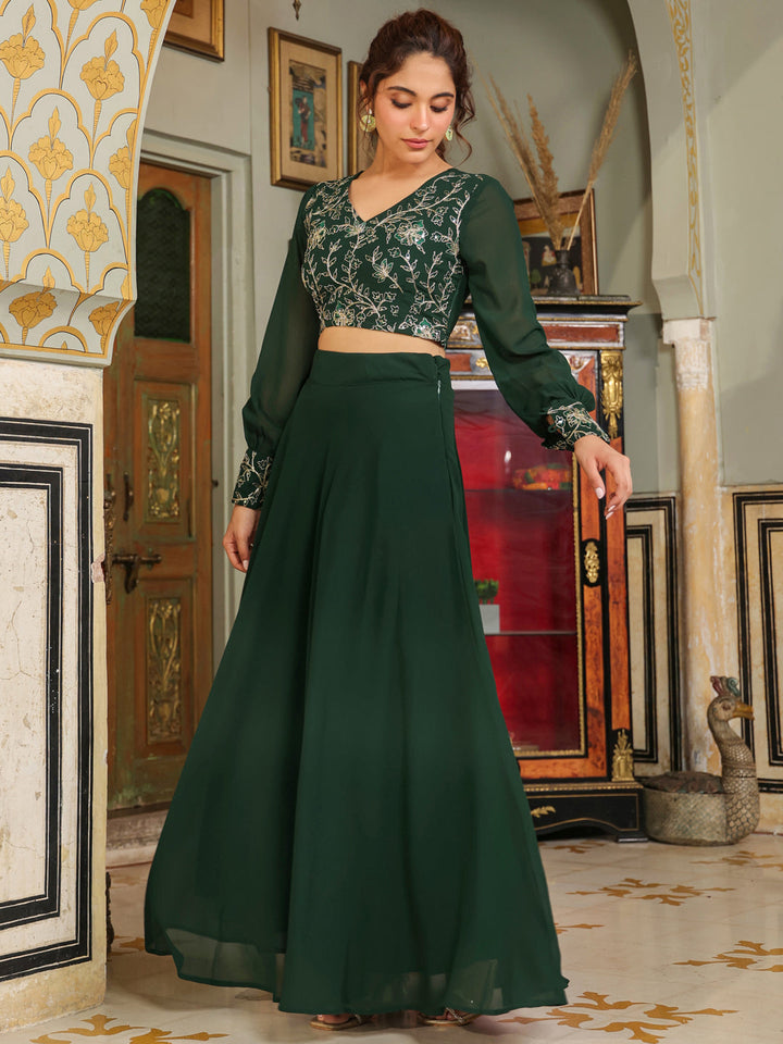 Dark-Green-Georgette-Embroidered-Lehenga-Set