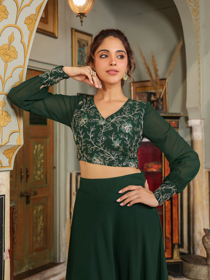 Dark-Green-Georgette-Embroidered-Lehenga-Set