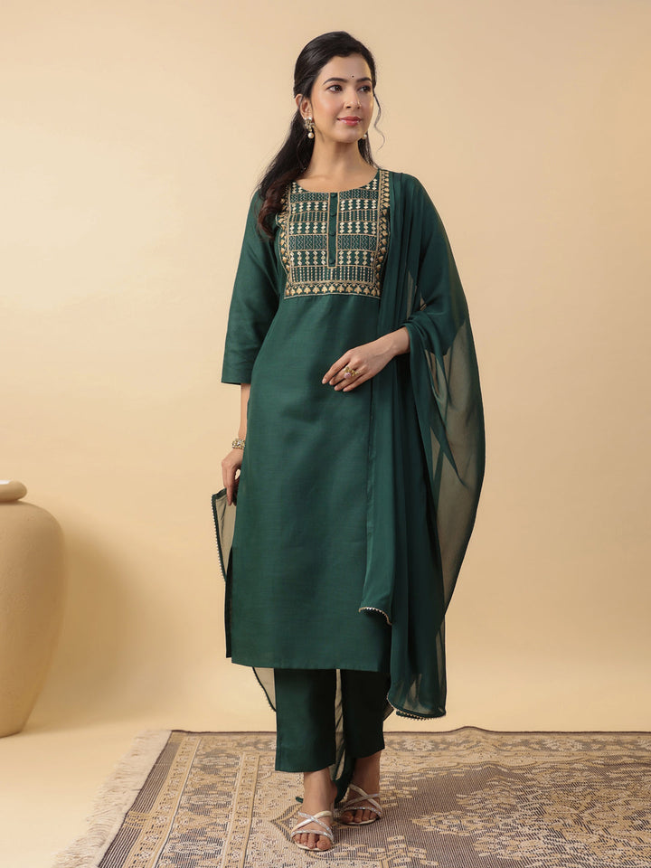 Dark-Green-Magics-Slub-Straight-3-Piece-Kurta-Set