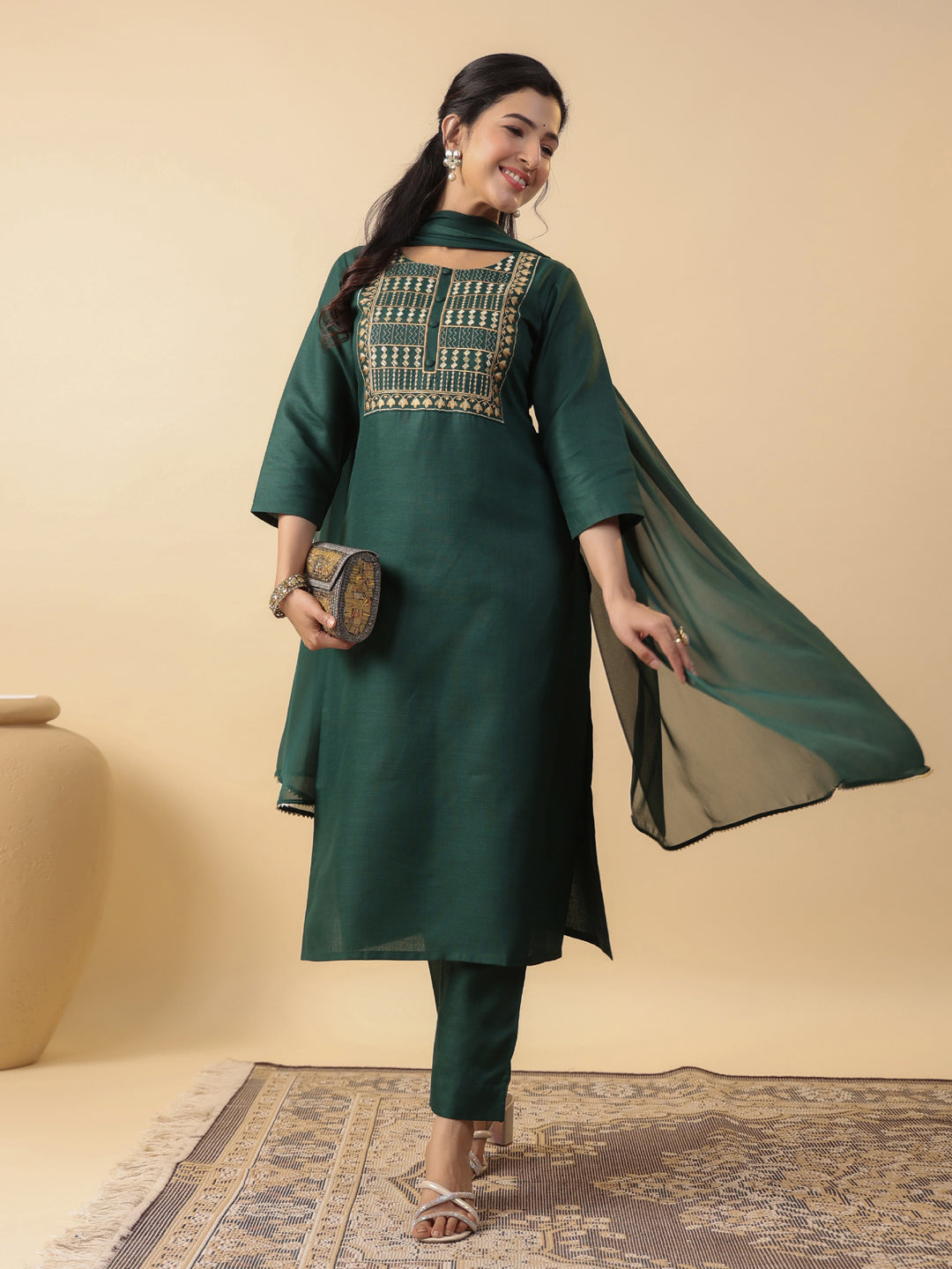 Dark-Green-Magics-Slub-Straight-3-Piece-Kurta-Set