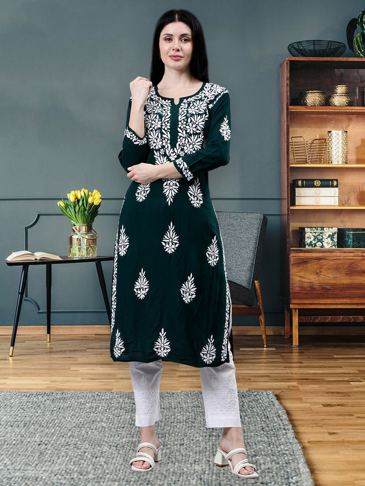 Dark-Green-Modal-Embroidered-Chikankari-Kurti