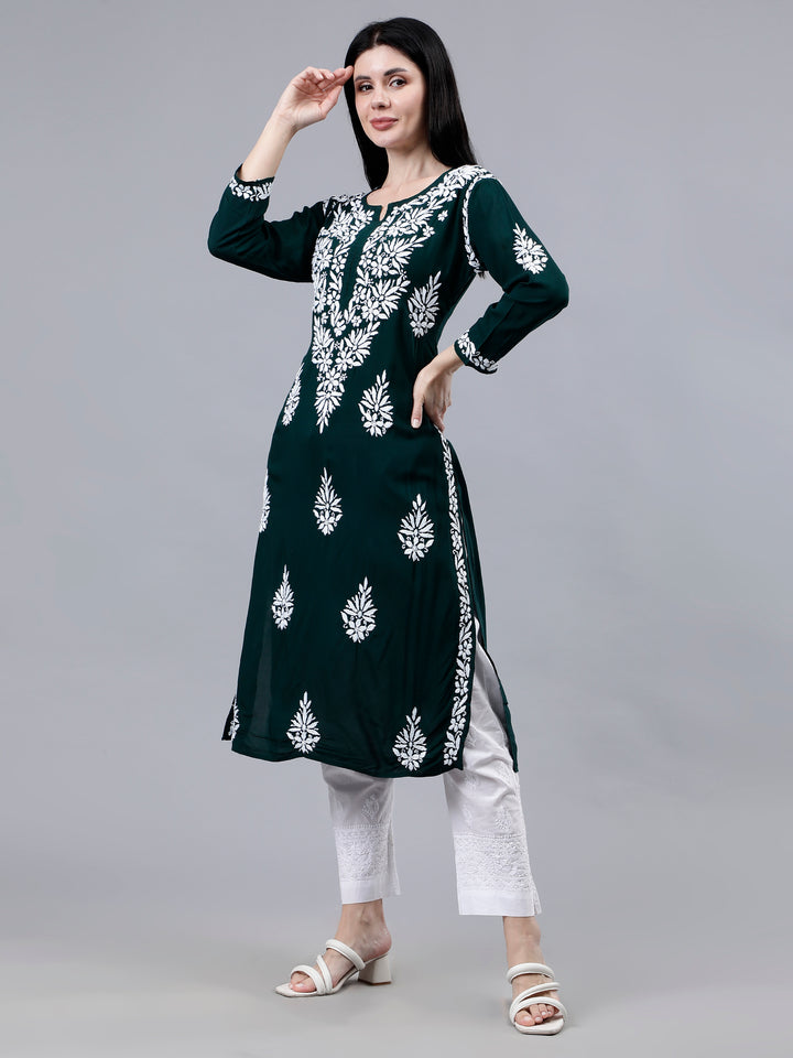 Dark Green Modal Embroidered Chikankari Kurti