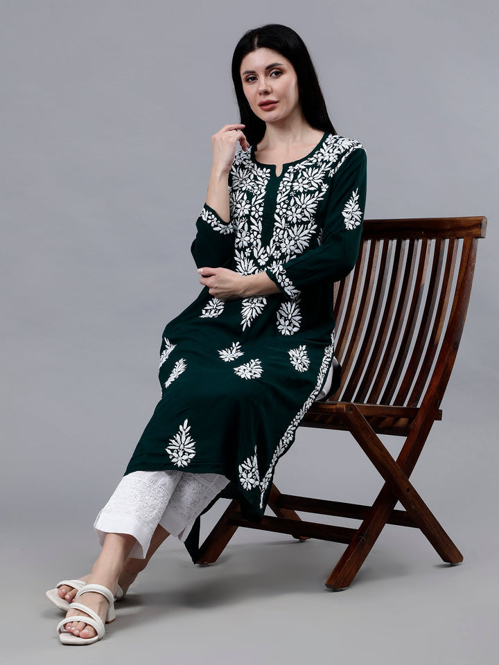 Dark-Green-Modal-Embroidered-Chikankari-Kurti