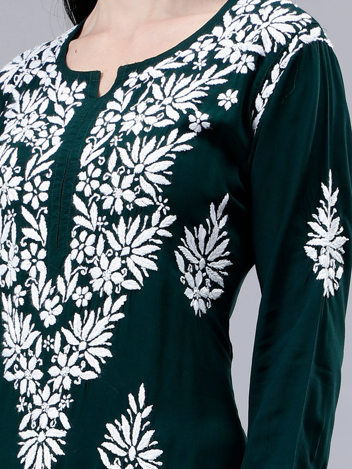 Dark-Green-Modal-Embroidered-Chikankari-Kurti