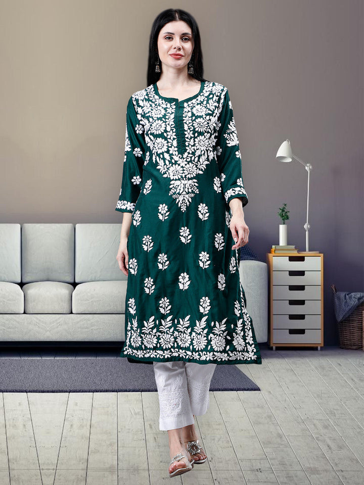 Dark-Green-Muslin-Embroidered-Chikankari-Kurti