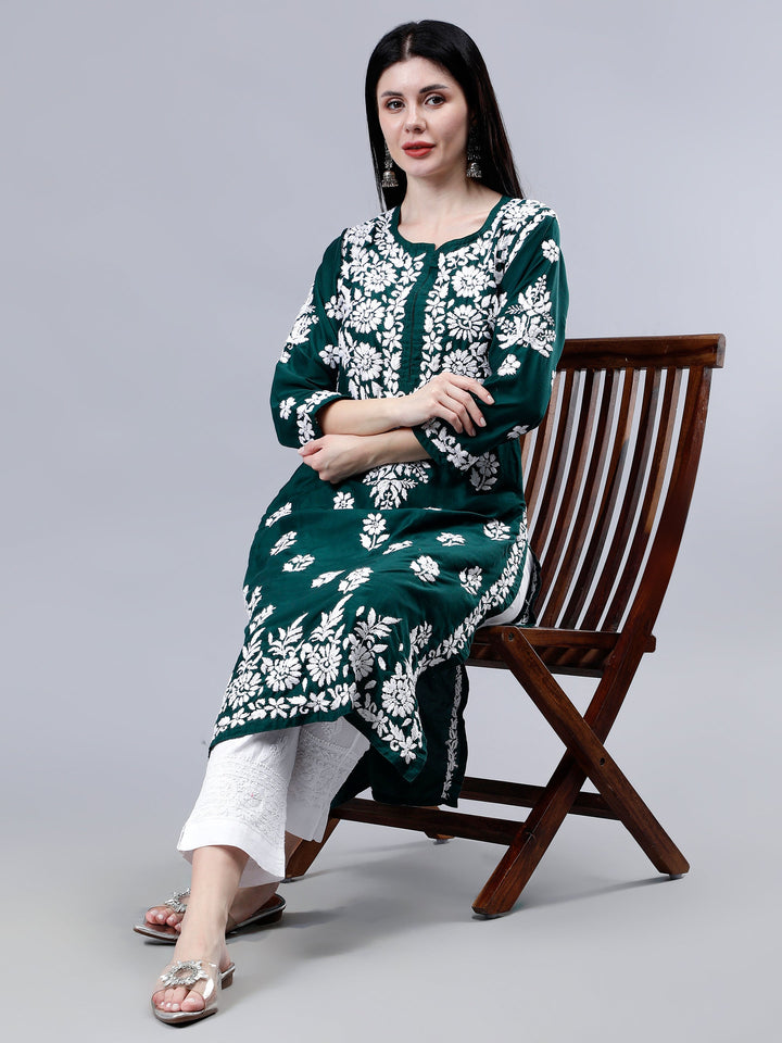 Dark-Green-Muslin-Embroidered-Chikankari-Kurti