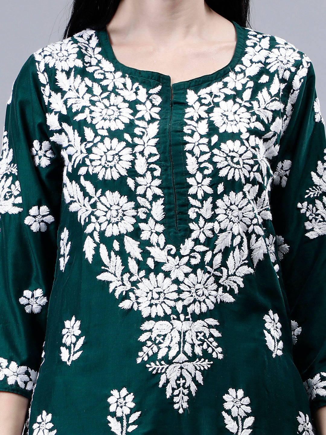 Dark-Green-Muslin-Embroidered-Chikankari-Kurti