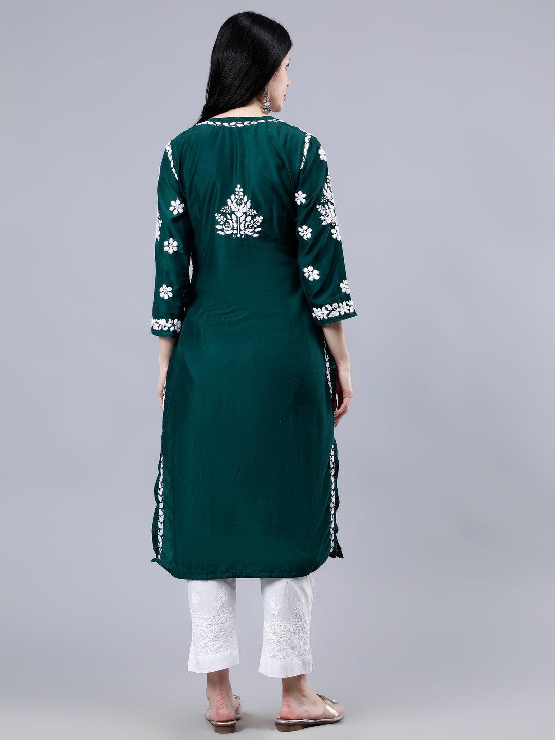 Dark Green Muslin Embroidered Chikankari Kurti