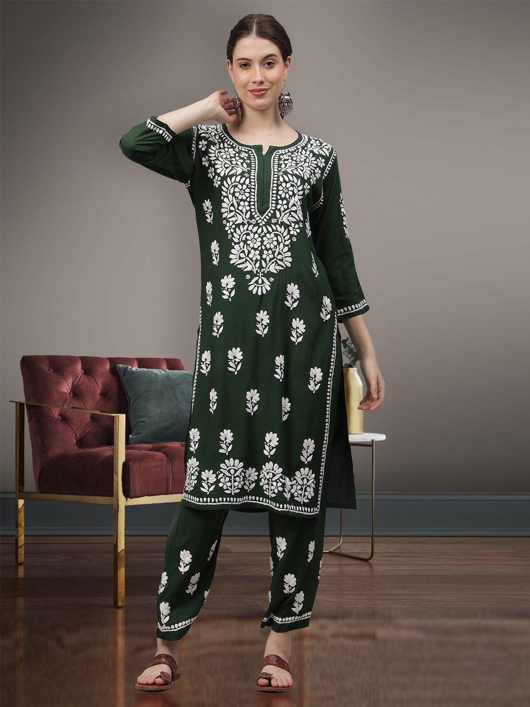 Dark-Green-Rayon-Embroidered-Chikankari-2-Piece-Kurta-Set