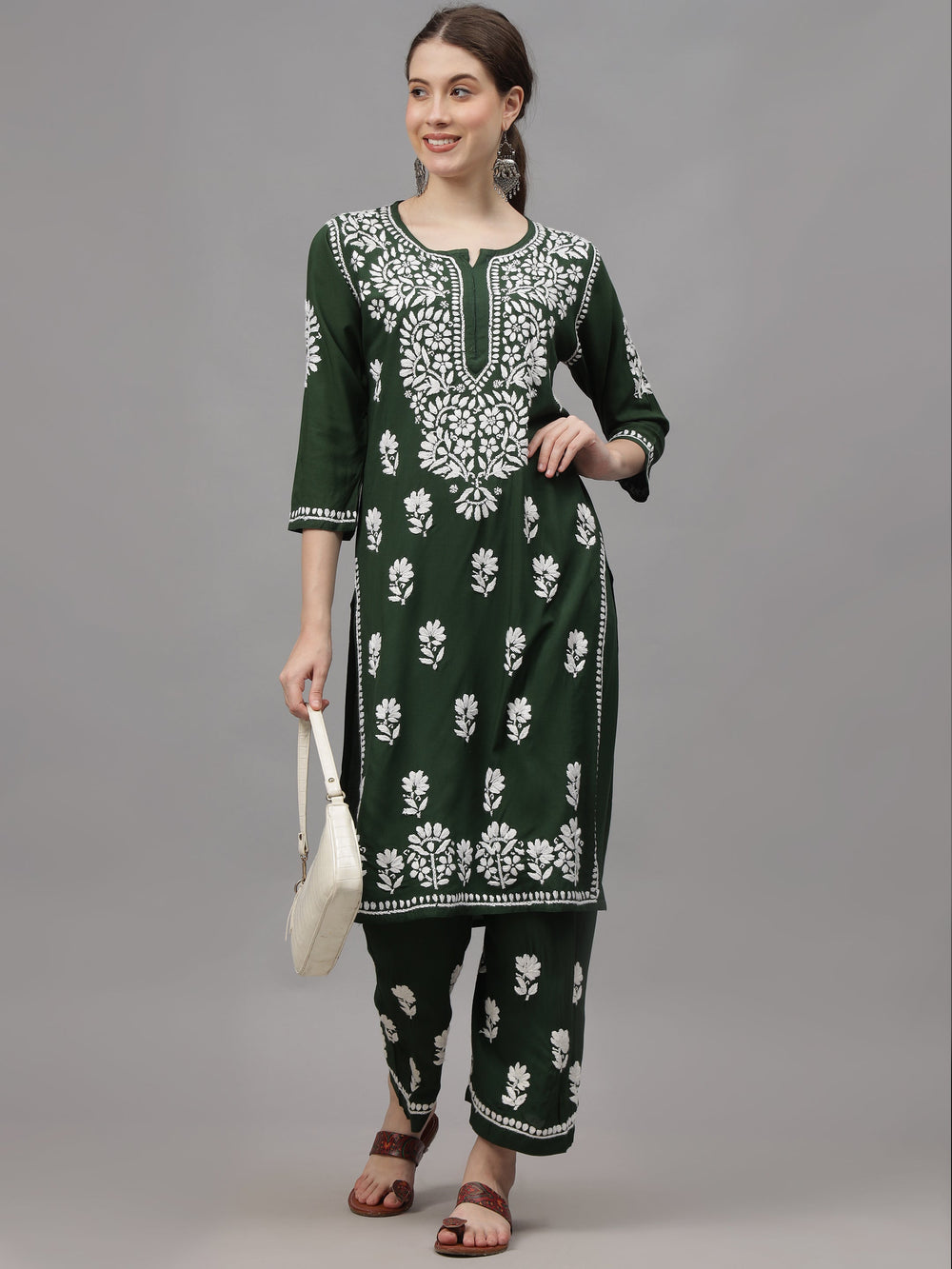 Dark-Green-Rayon-Embroidered-Chikankari-2-Piece-Kurta-Set