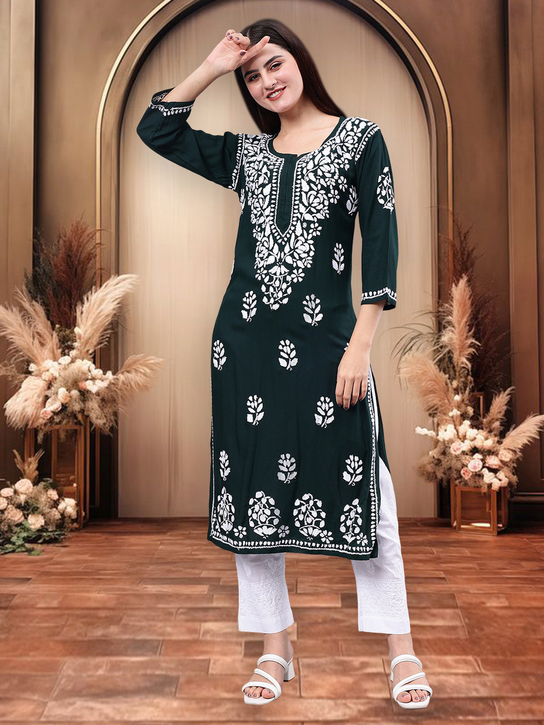 Dark-Green-Rayon-Embroidered-Chikankari-Kurti