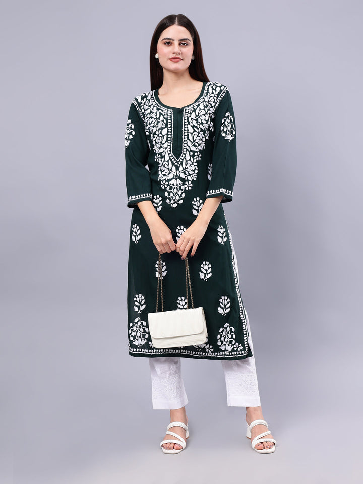 Dark-Green-Rayon-Embroidered-Chikankari-Kurti