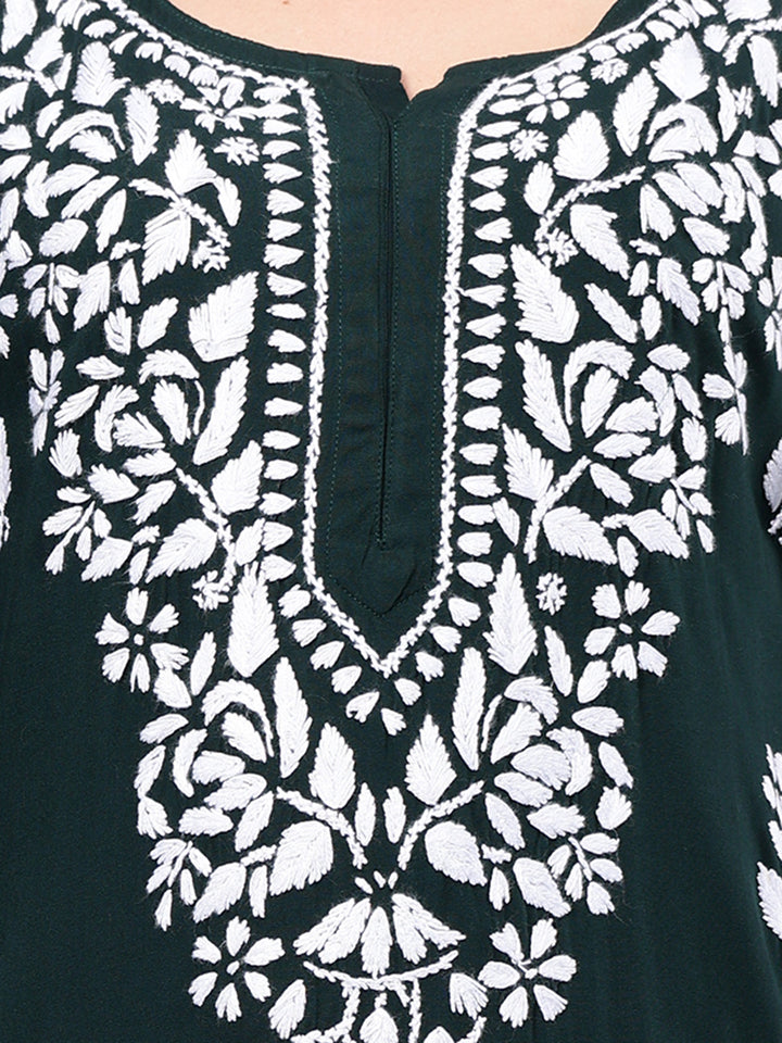 Dark-Green-Rayon-Embroidered-Chikankari-Kurti