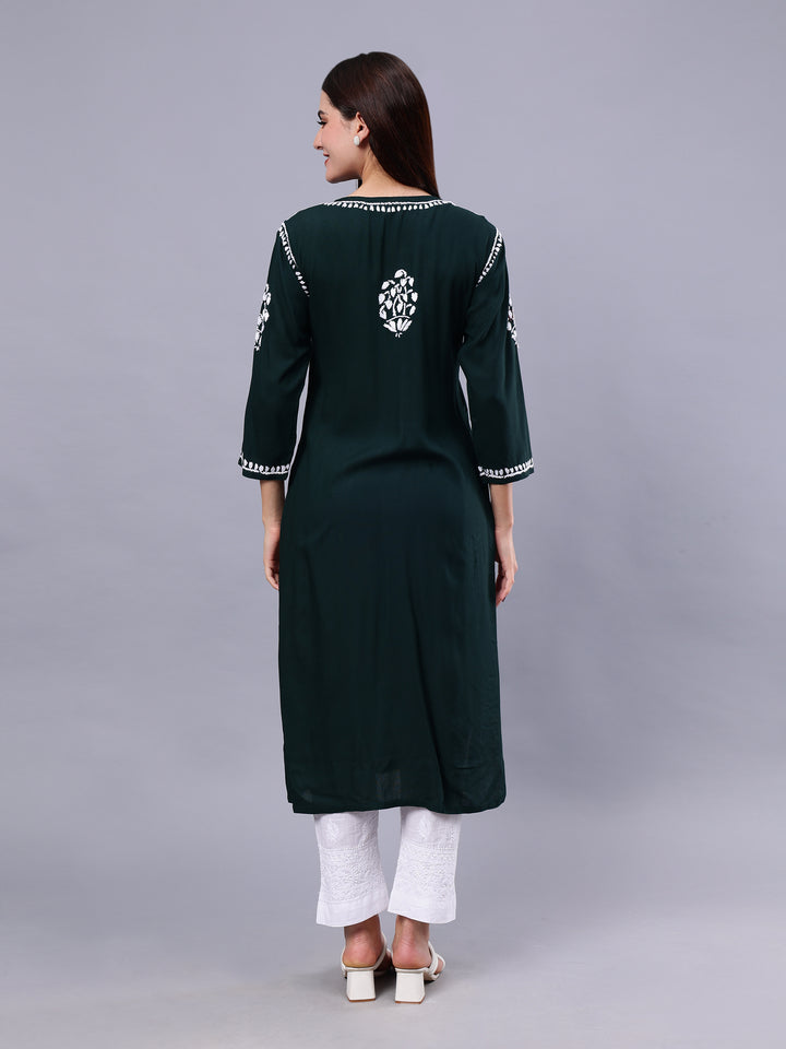 Dark Green Rayon Embroidered Chikankari Kurti