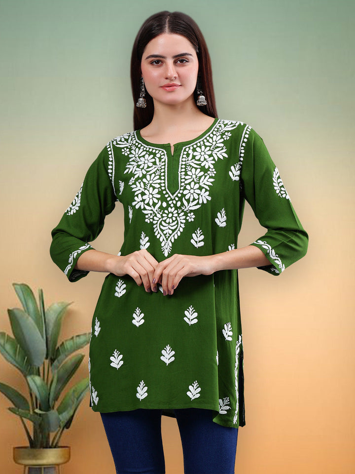 Dark-Green-Rayon-Embroidered-Chikankari-Short-Tunic