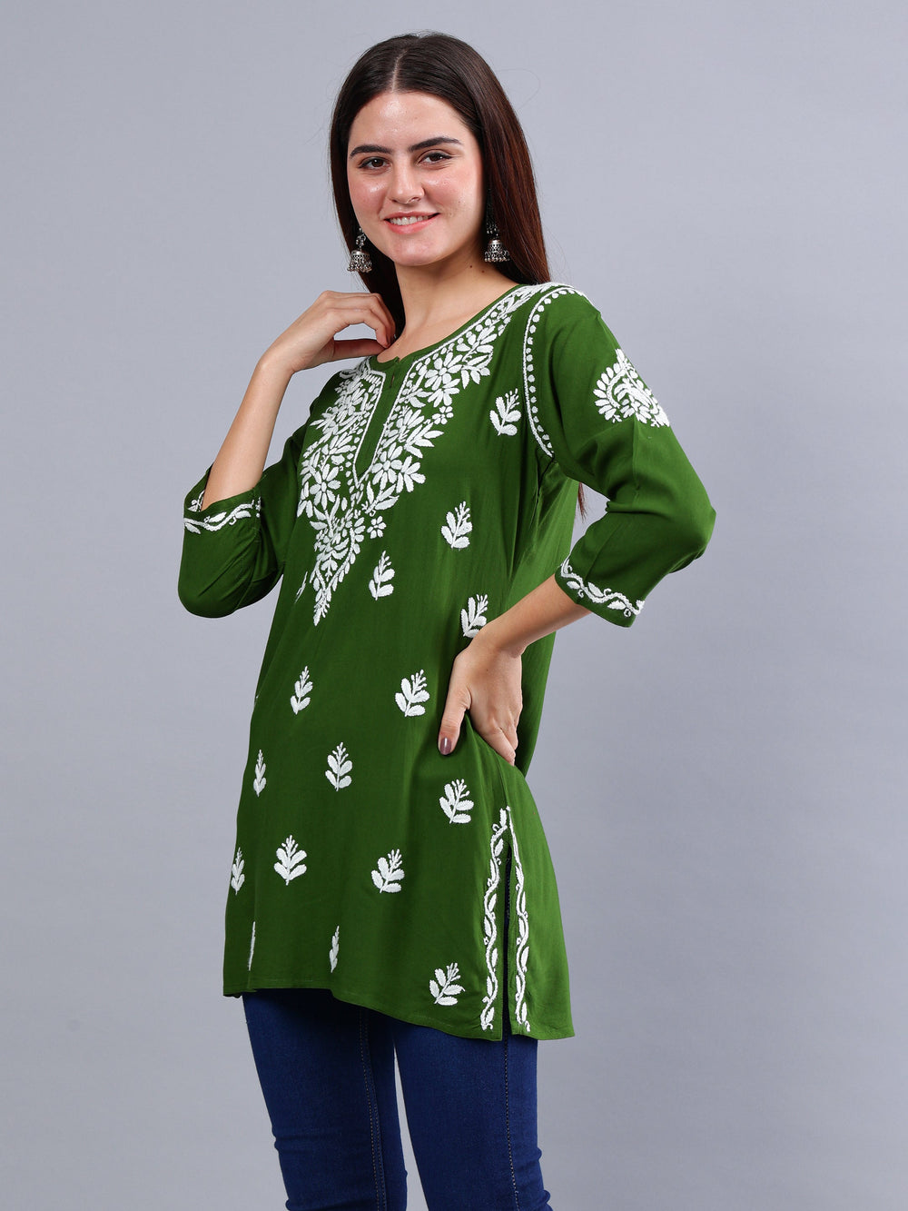 Dark-Green-Rayon-Embroidered-Chikankari-Short-Tunic