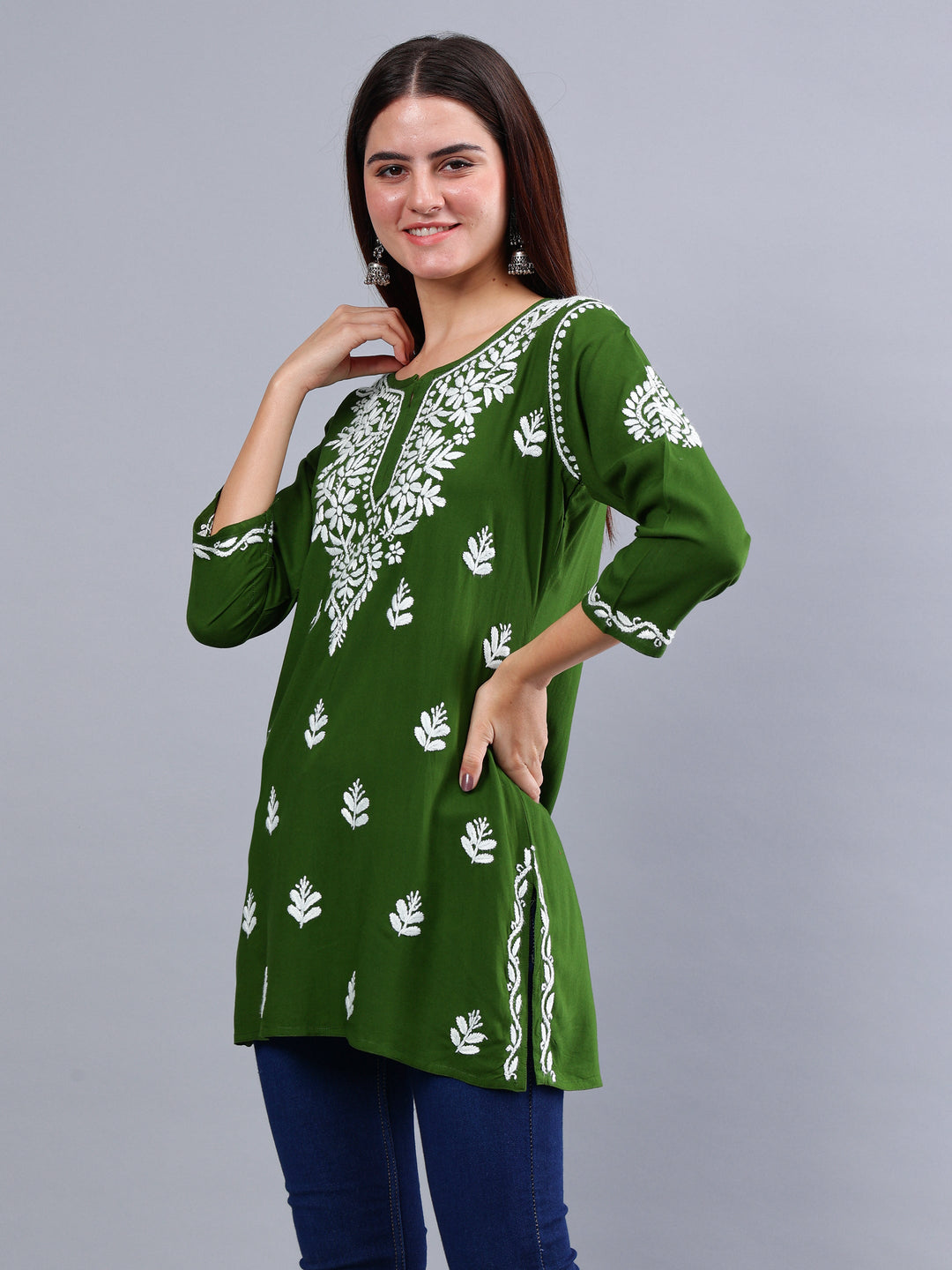 Dark-Green-Rayon-Embroidered-Chikankari-Short-Tunic