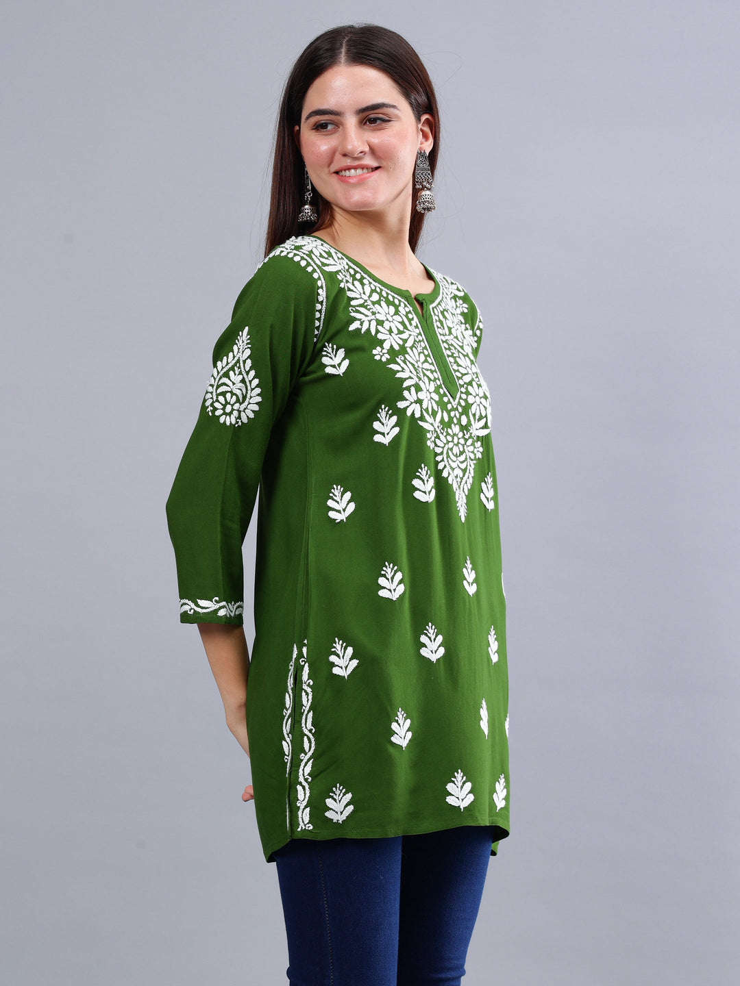 Dark-Green-Rayon-Embroidered-Chikankari-Short-Tunic