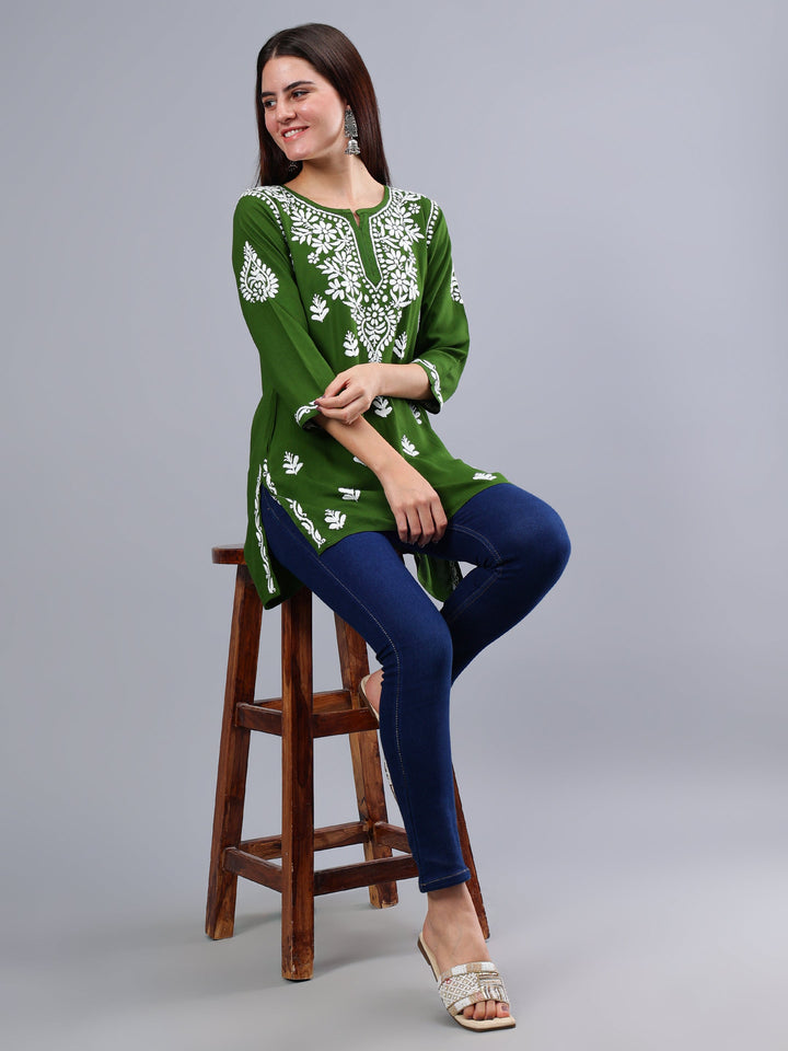 Dark-Green-Rayon-Embroidered-Chikankari-Short-Tunic