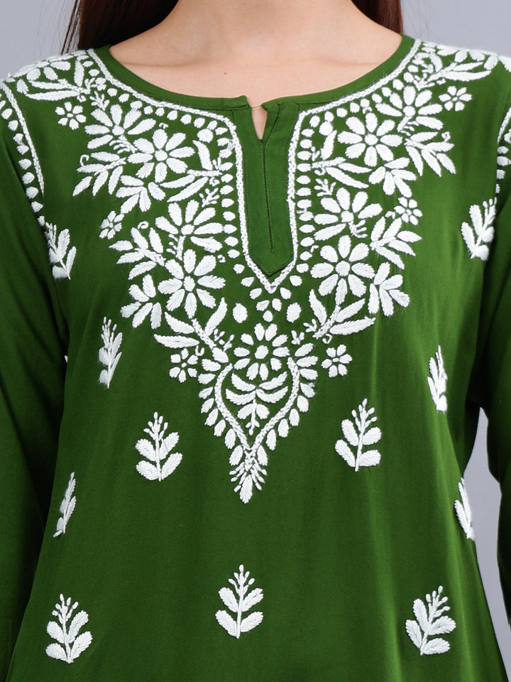 Dark-Green-Rayon-Embroidered-Chikankari-Short-Tunic