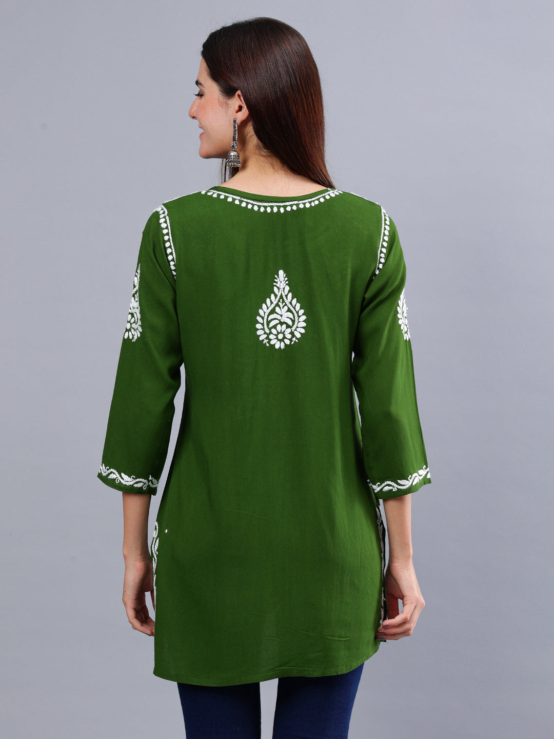 Dark-Green-Rayon-Embroidered-Chikankari-Short-Tunic