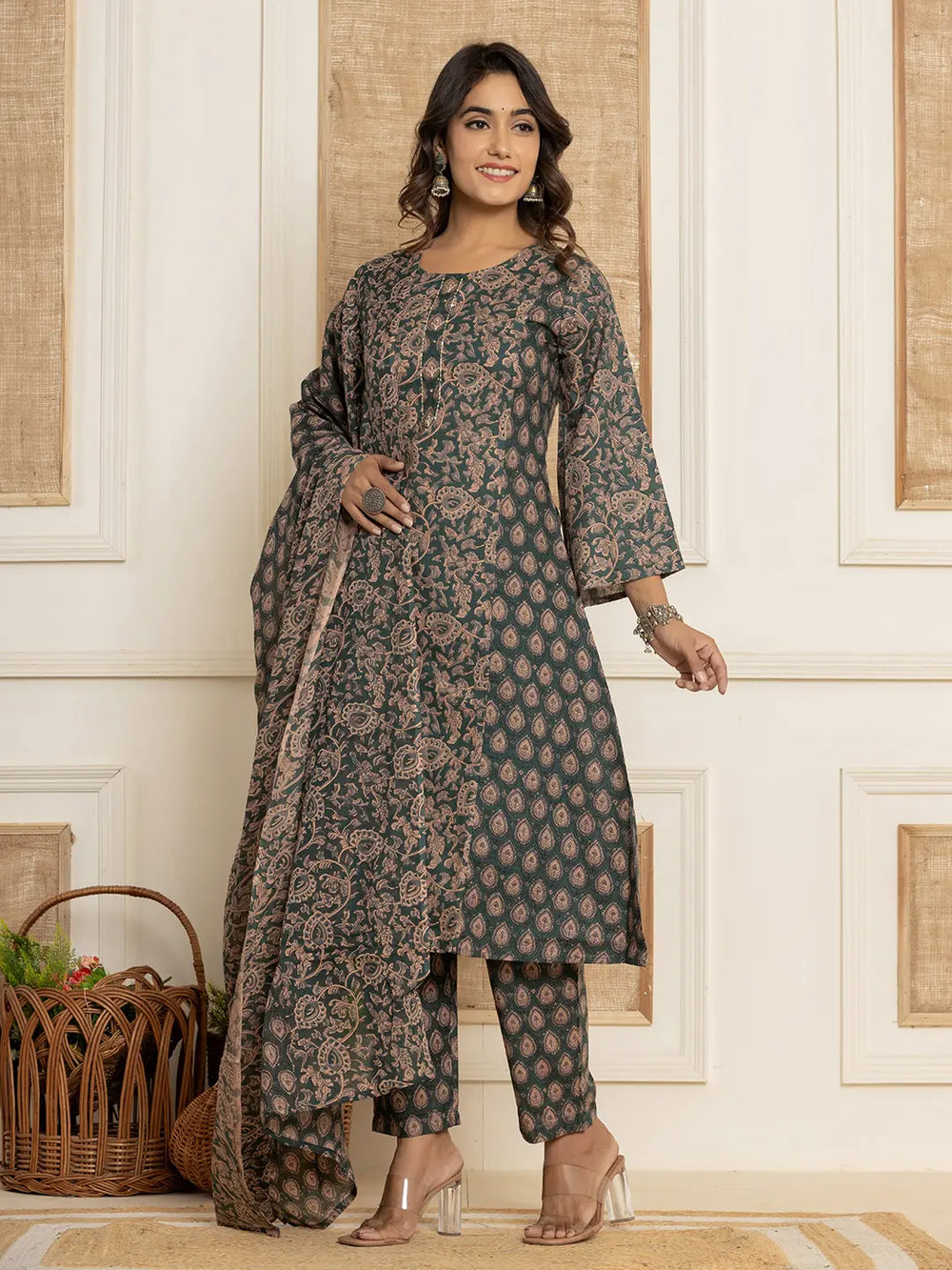 Dark-Green-Cotton-Sequins-Work-A-Line-3-Piece-Kurta-Set