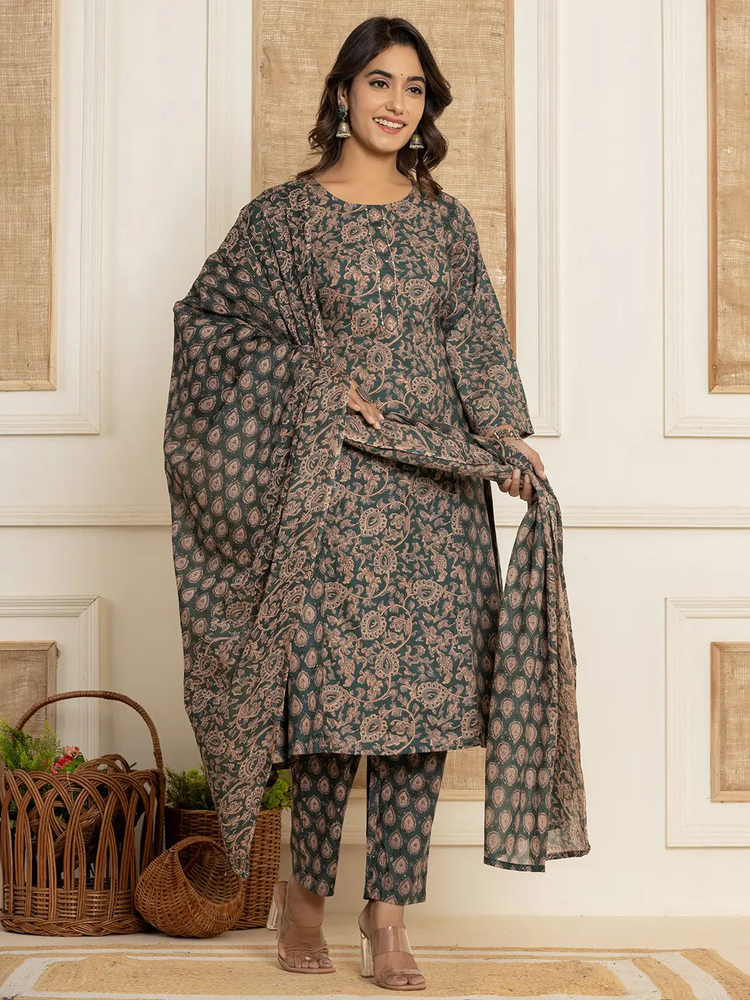 Dark-Green-Cotton-Sequins-Work-A-Line-3-Piece-Kurta-Set