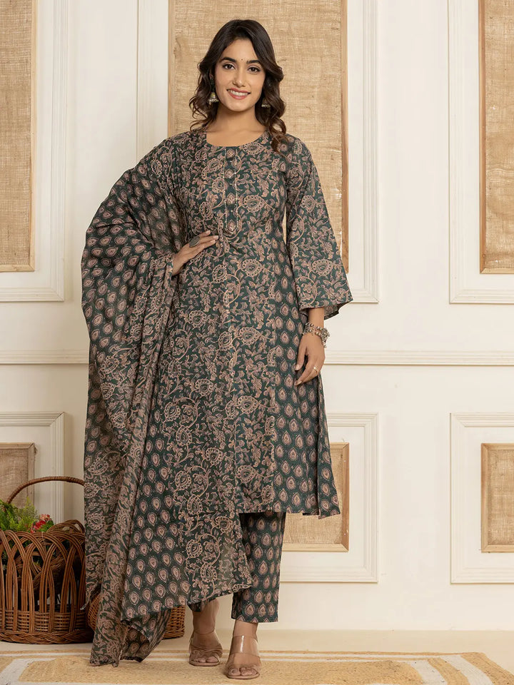 Dark-Green-Cotton-Sequins-Work-A-Line-3-Piece-Kurta-Set