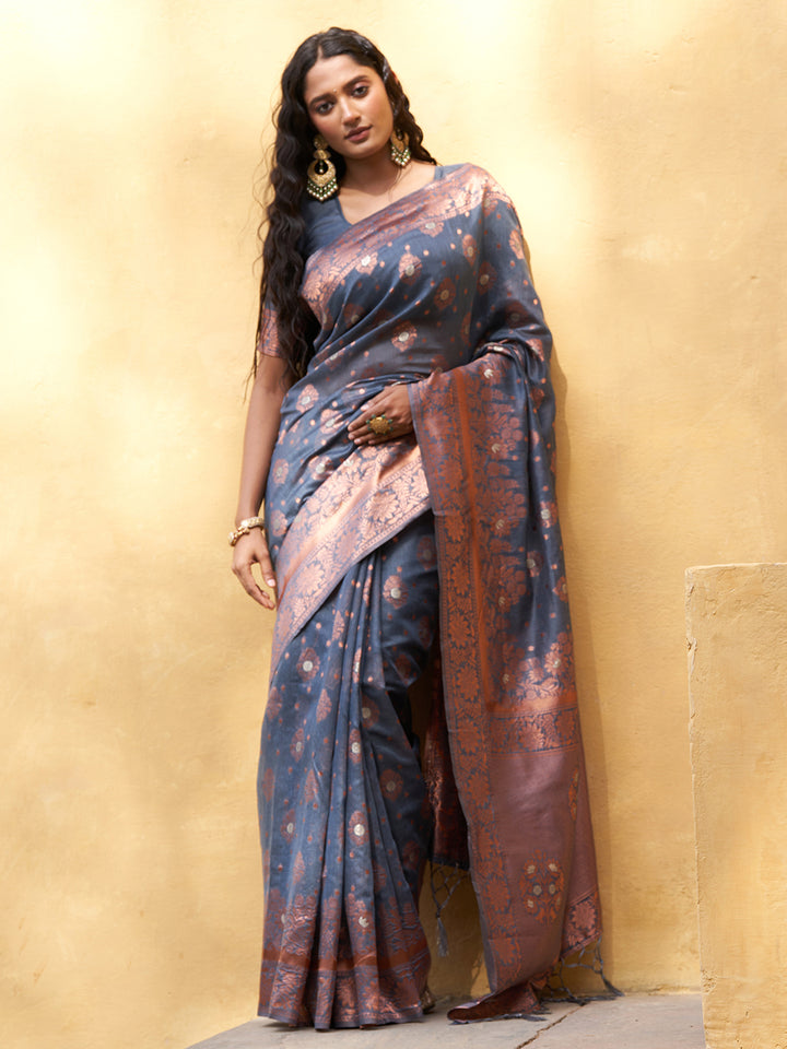 Dark Grey Ethnic Motifs Woven Design Chanderi Silk Party Saree