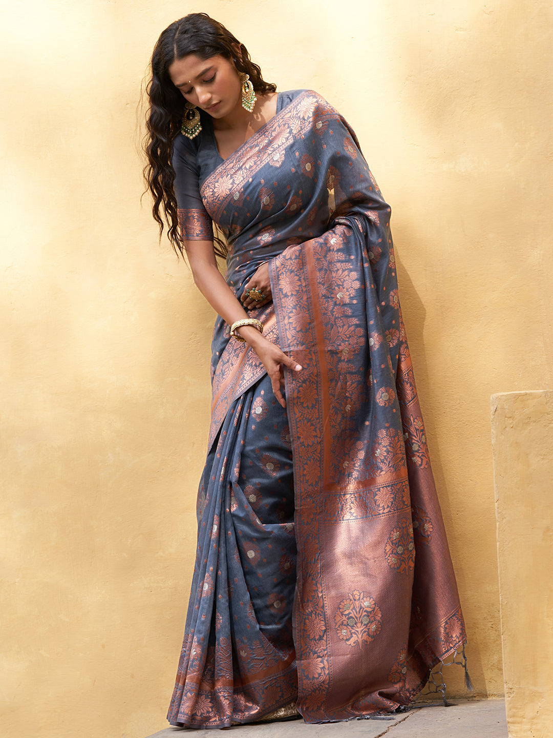 Dark Grey Ethnic Motifs Woven Design Chanderi Silk Party Saree