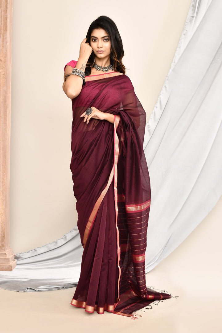 ZERESOUQ-Dark-Maroon-Maheshwari-Golden-Border-Stripes-Saree